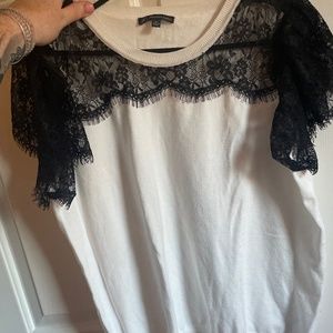 White Thin Sweater with black lace cuff sleeve